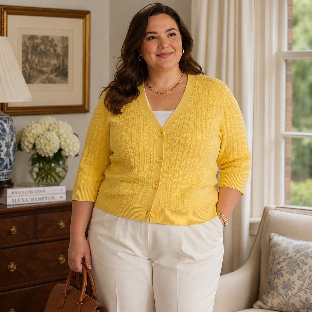 Vtg Y2K Talbots Pima Cotton Cable Knit Cardigan 3XP Quiet Luxury PreppyYellow